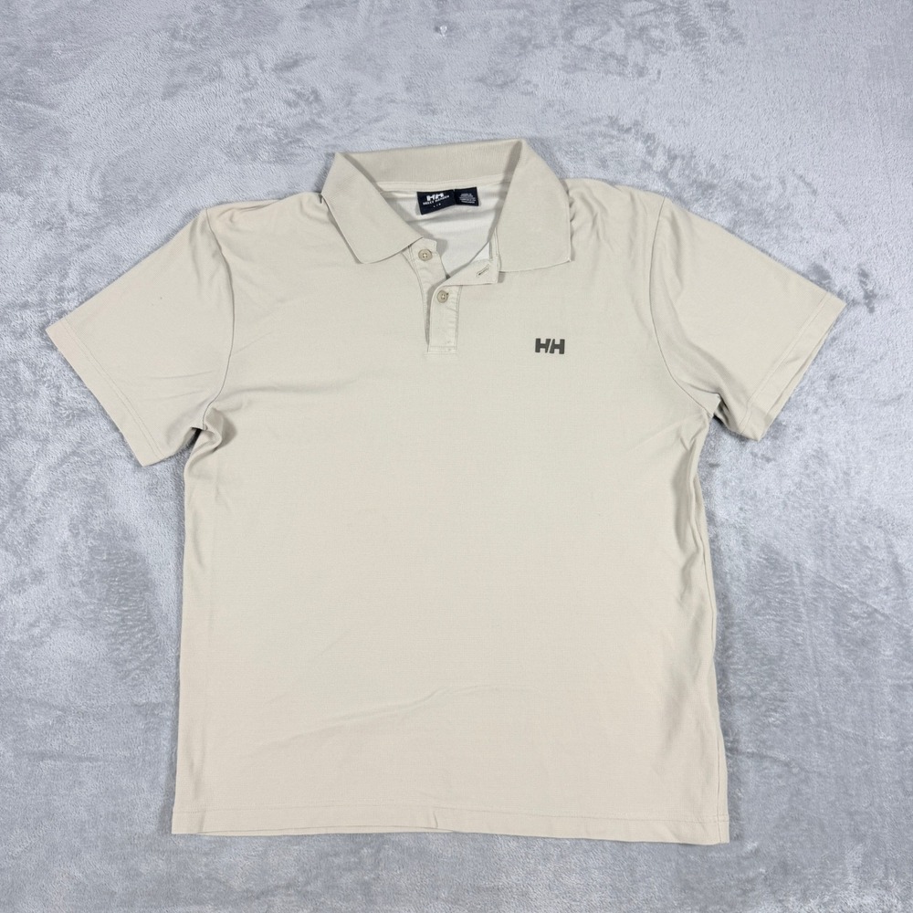 Helly Hansen Mens Large Polo Shirt Tan Beige Short Sleeve Polyamide Mesh HH Logo